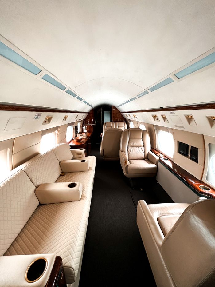 Services Experience lavish comfort with this elegant private jet interior featuring plush seating and fine craftsmanship.